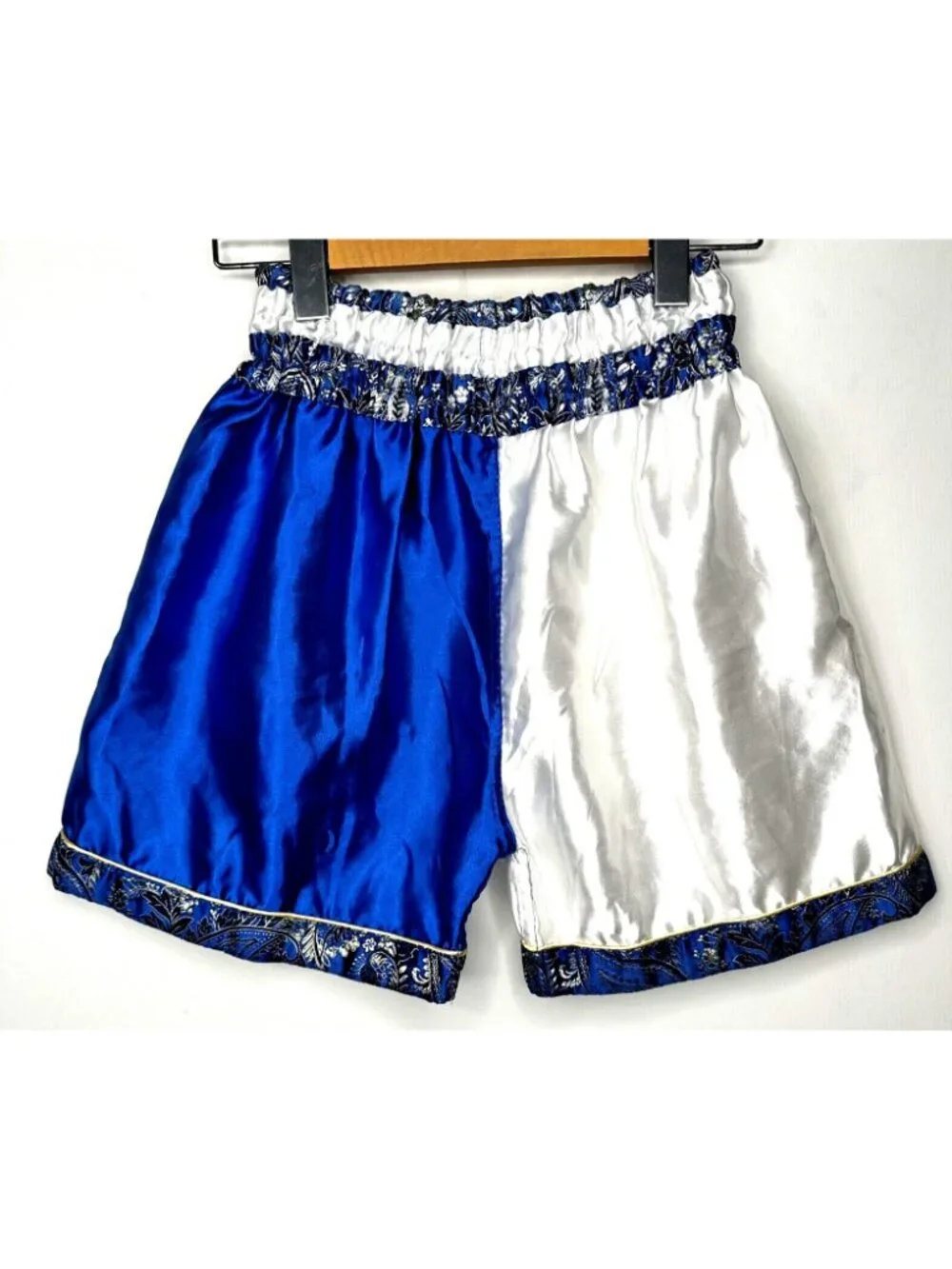 Muay Thai Fight Shorts Youth M Blue Gold Kickboxing MMA Training Satin Style